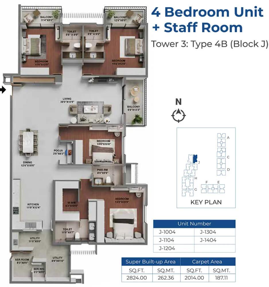 Adarsh LakeFront Phase 2 4 BHK floor plan, about 2,824 sq ft