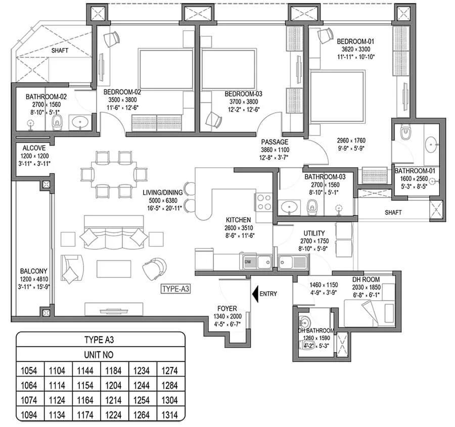 Sobha Royal Crest 3 BHK floor plan