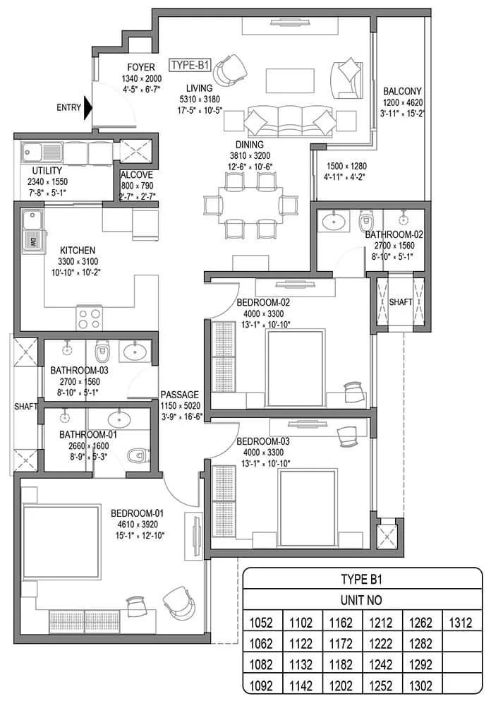 Sobha Royal Crest 3 BHK floor plan