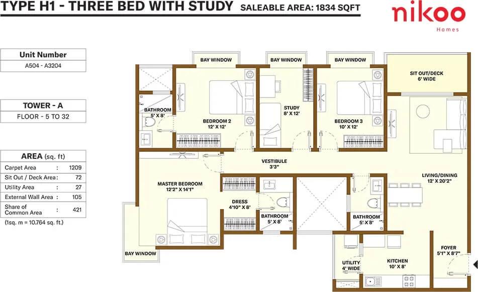 Nikoo Homes 4 3 BHK floor plan, about 1,834 sq ft