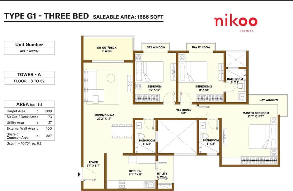 Nikoo Homes 4 3 BHK floor plan, about 1,686 sq ft