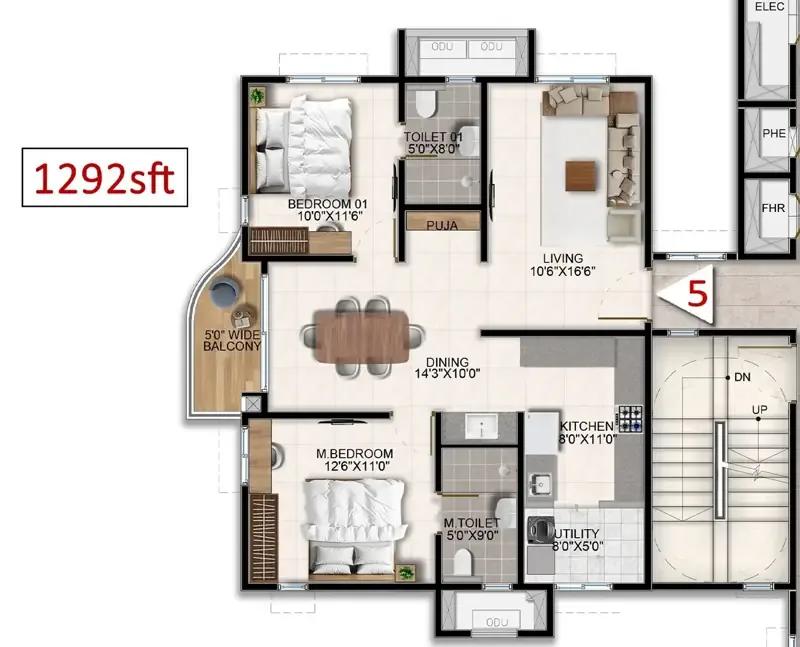 Aparna Wonder Woods 2 BHK floor plan, about 1,292 sq ft