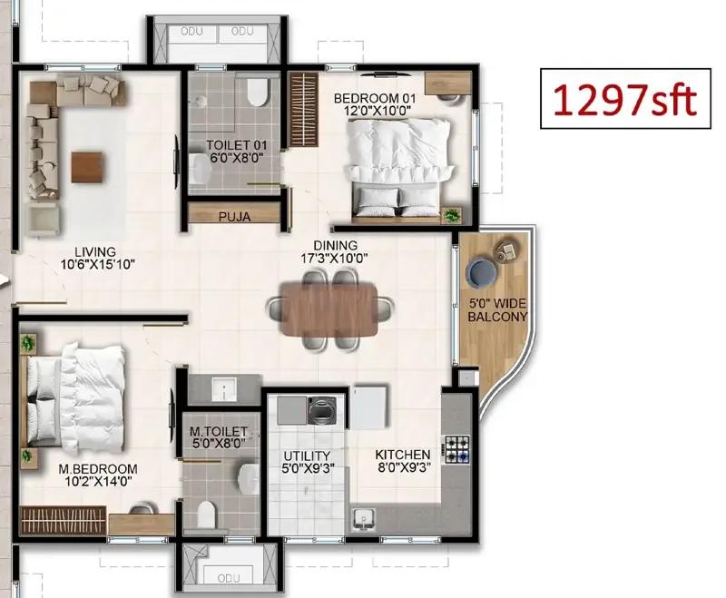 Aparna Wonder Woods 2 BHK floor plan, about 1,297 sq ft