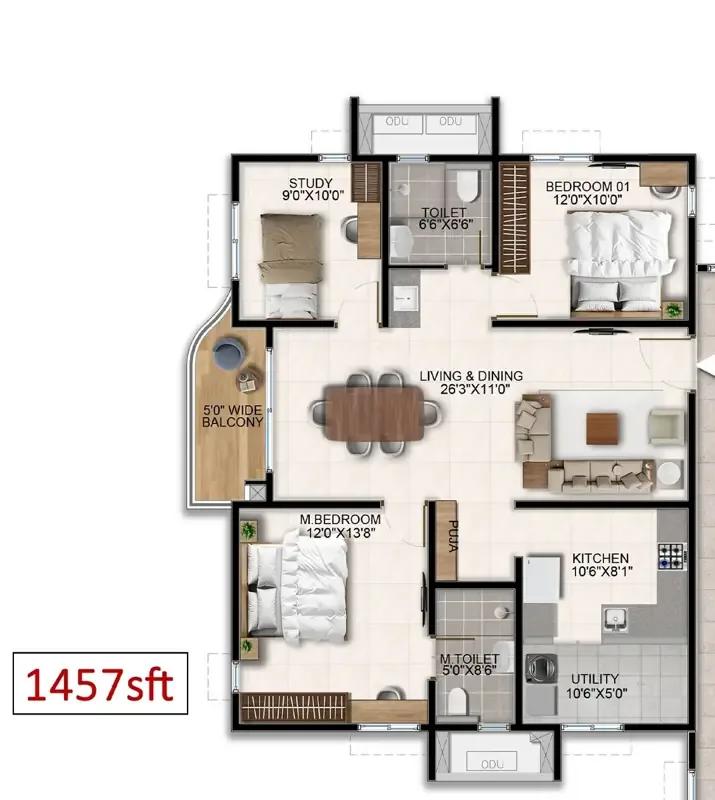 Aparna Wonder Woods 2 BHK floor plan, about 1,457 sq ft