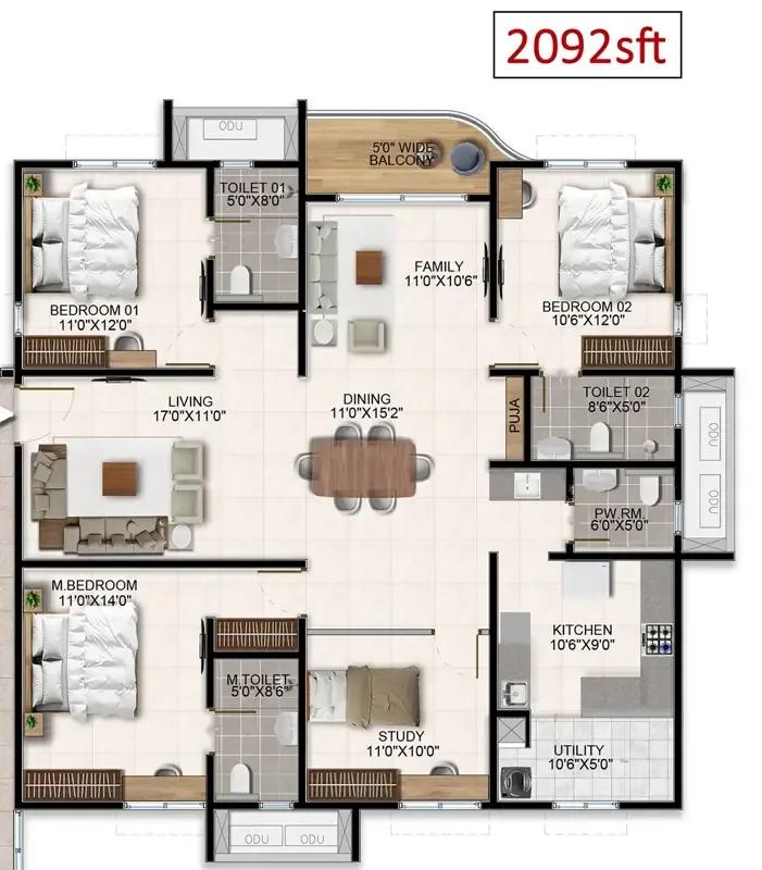 Aparna Wonder Woods 3.5 BHK floor plan, about 2,092 sq ft