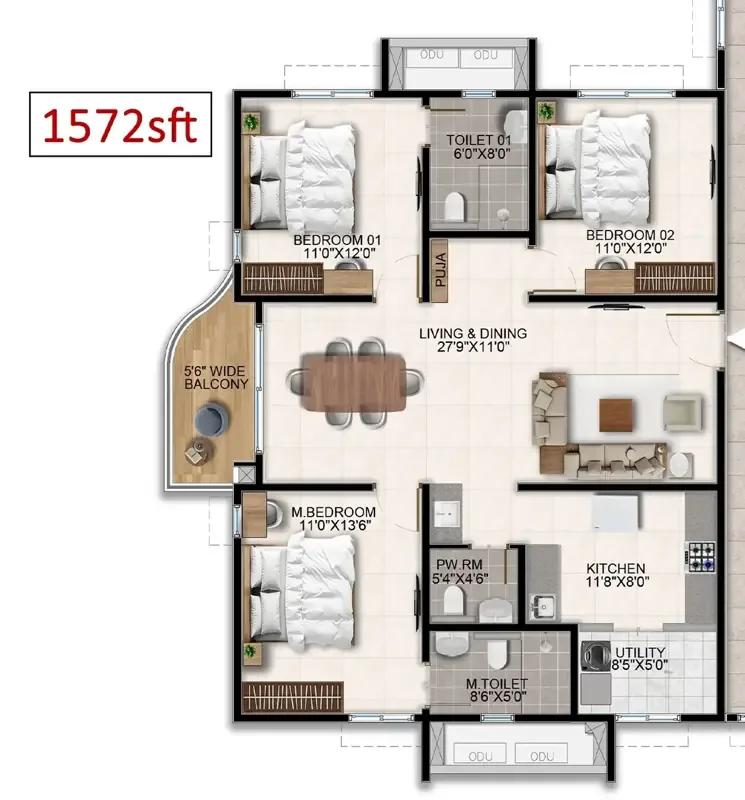 Aparna Wonder Woods 3 BHK floor plan, about 1,572 sq ft