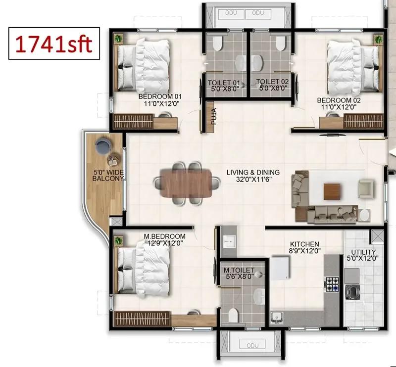Aparna Wonder Woods 3 BHK floor plan, about 1,741 sq ft