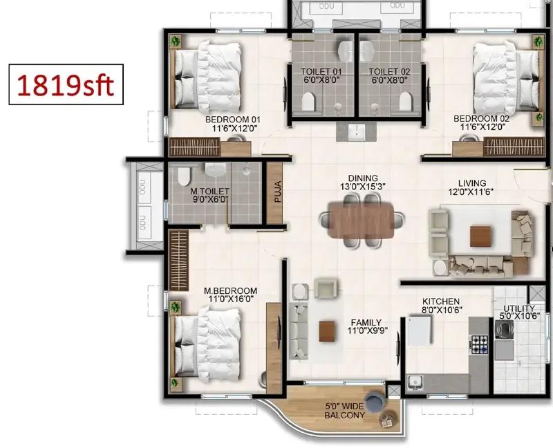 Aparna Wonder Woods 3 BHK floor plan, about 1,819 sq ft