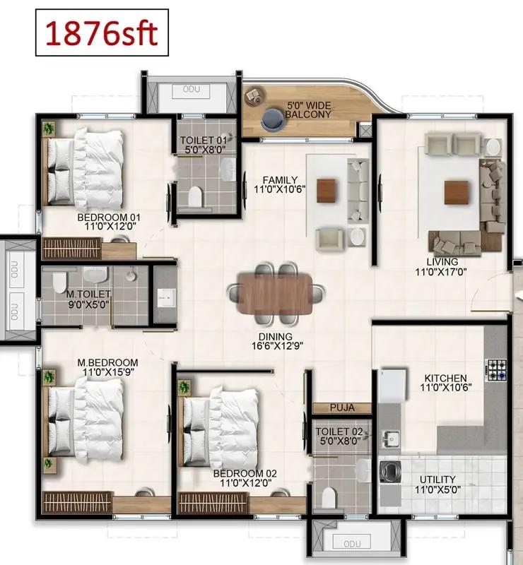 Aparna Wonder Woods 3 BHK floor plan, about 1,876 sq ft