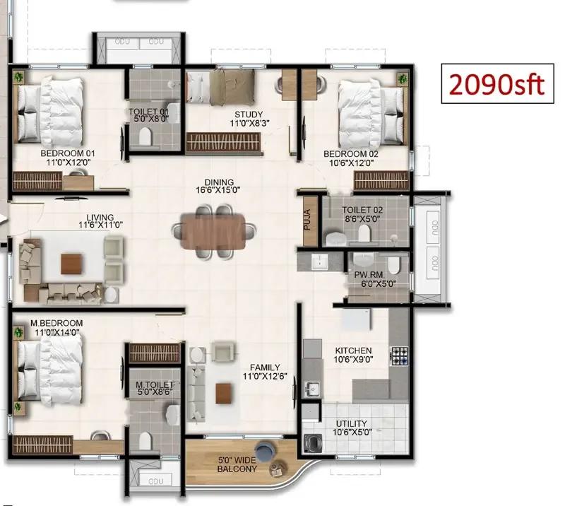 Aparna Wonder Woods 3 BHK floor plan, about 2,090 sq ft