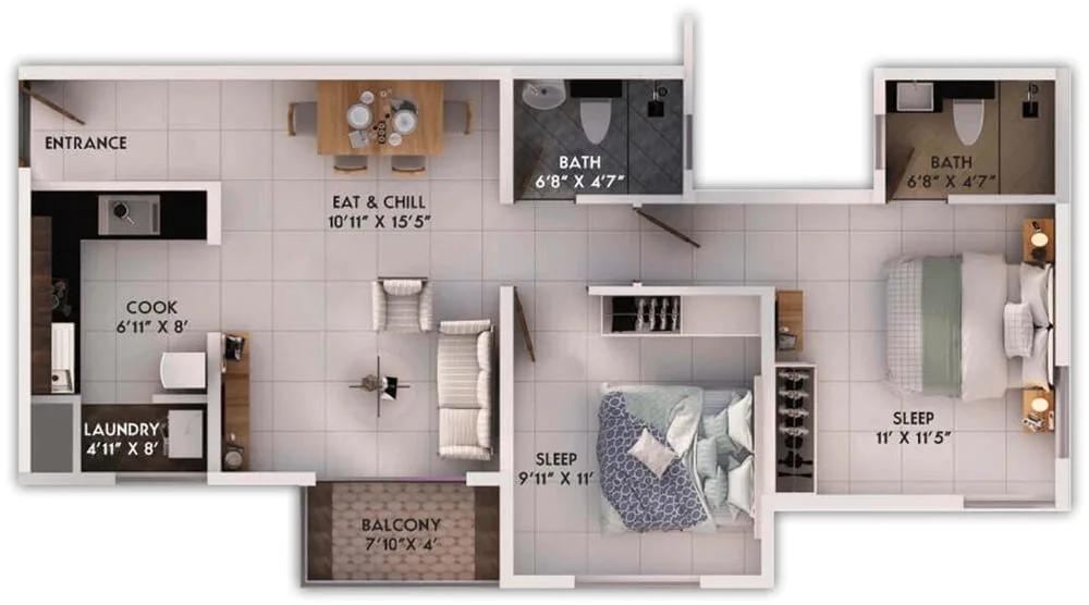 Provident Sunworth City 2 BHK floor plan