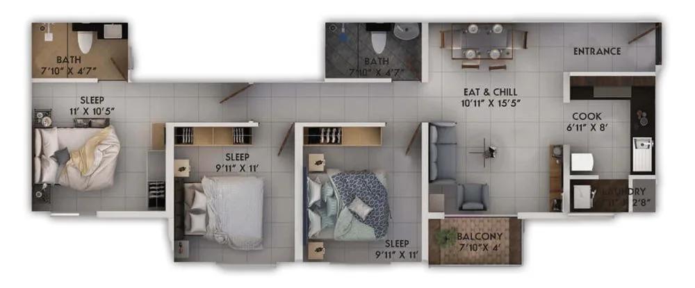 Provident Sunworth City 3 BHK floor plan