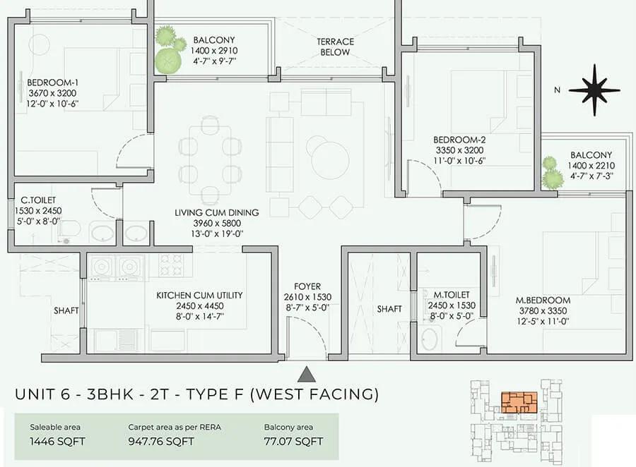 NBR Soul of the Seasons 3 BHK floor plan, about 1,446 sq ft