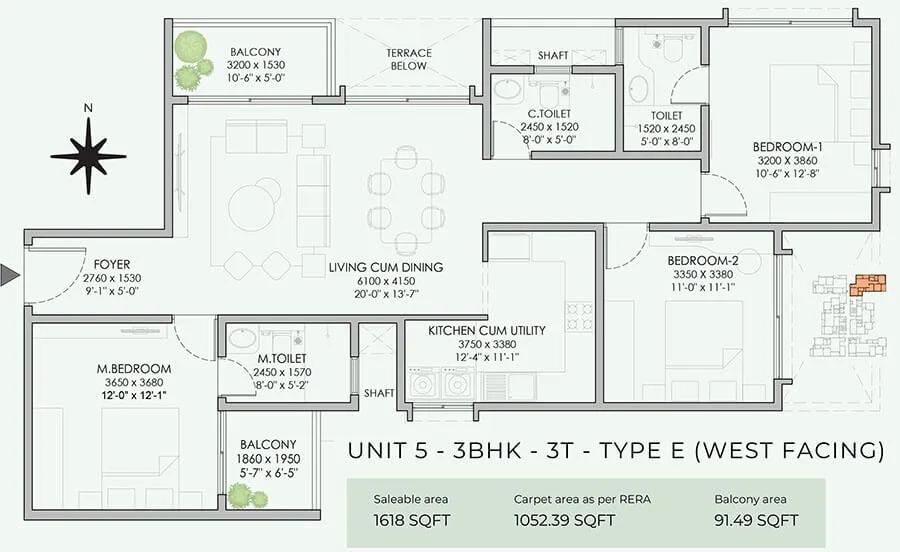 NBR Soul of the Seasons 3 BHK floor plan, about 1,618 sq ft