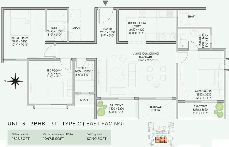 NBR Soul of the Seasons 3 BHK floor plan, about 1,628 sq ft