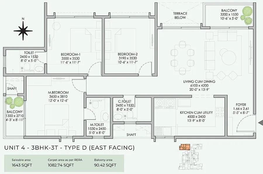 NBR Soul of the Seasons 3 BHK floor plan, about 1,643 sq ft