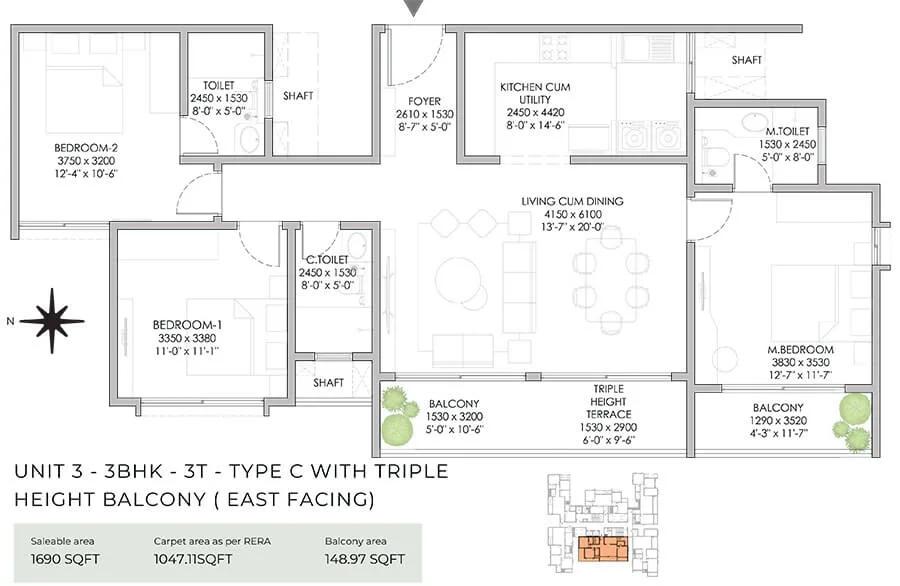NBR Soul of the Seasons 3 BHK floor plan, about 1,690 sq ft