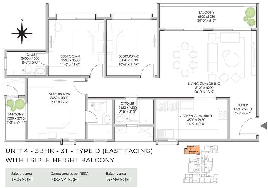 NBR Soul of the Seasons 3 BHK floor plan, about 1,705 sq ft