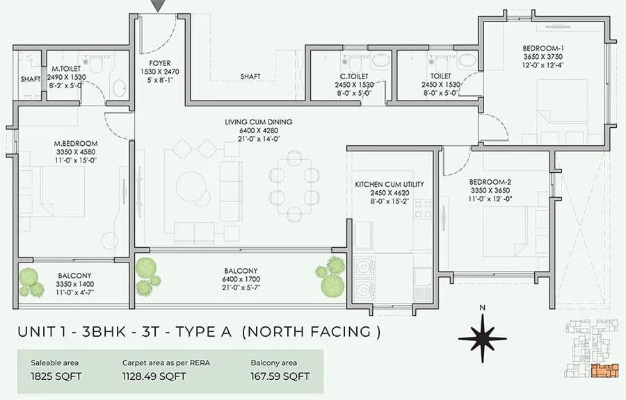 NBR Soul of the Seasons 3 BHK floor plan, about 1,825 sq ft