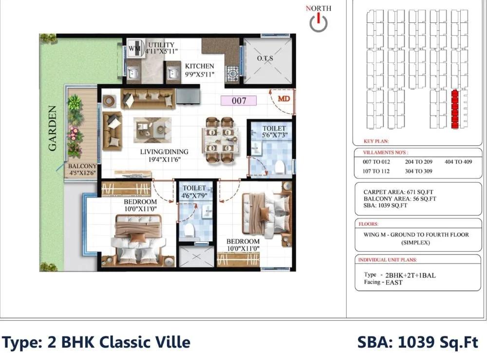 SBR Global Queensville 2 BHK floor plan, about 1,039 sq ft