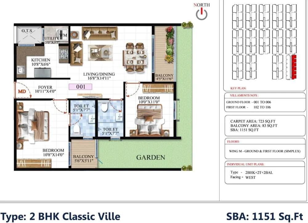 SBR Global Queensville 2 BHK floor plan, about 1,151 sq ft