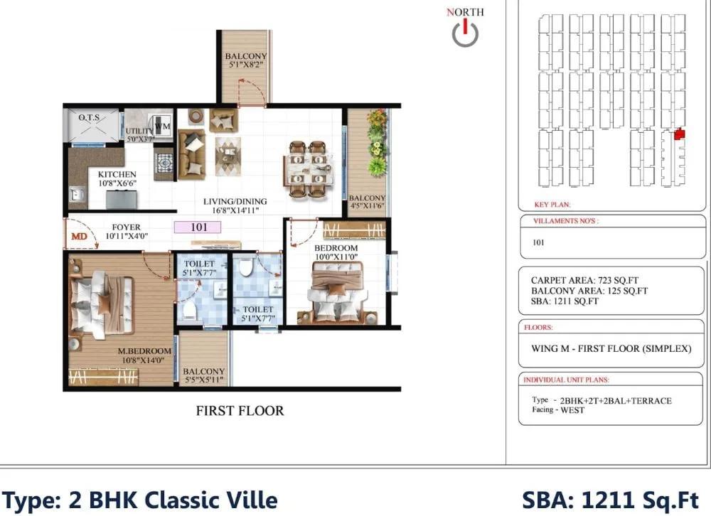 SBR Global Queensville 2 BHK floor plan, about 1,211 sq ft