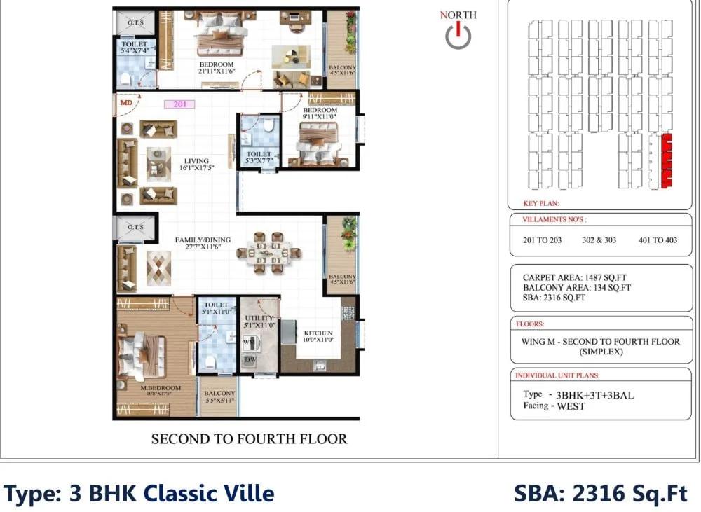 SBR Global Queensville 3 BHK floor plan, about 2,316 sq ft