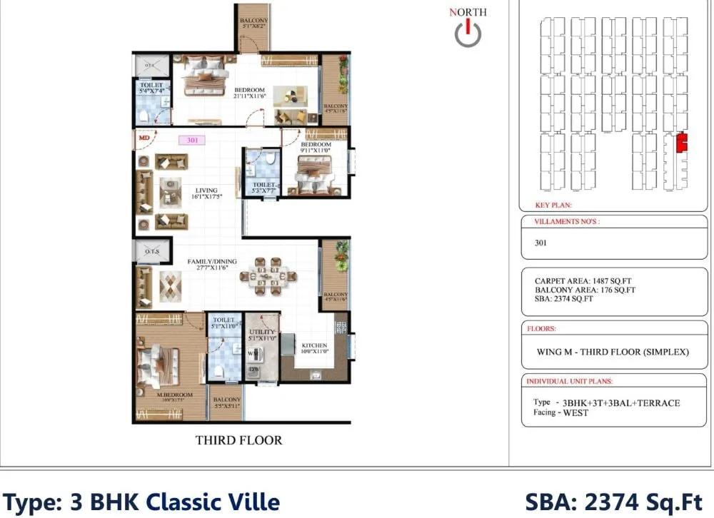 SBR Global Queensville 3 BHK floor plan, about 2,374 sq ft