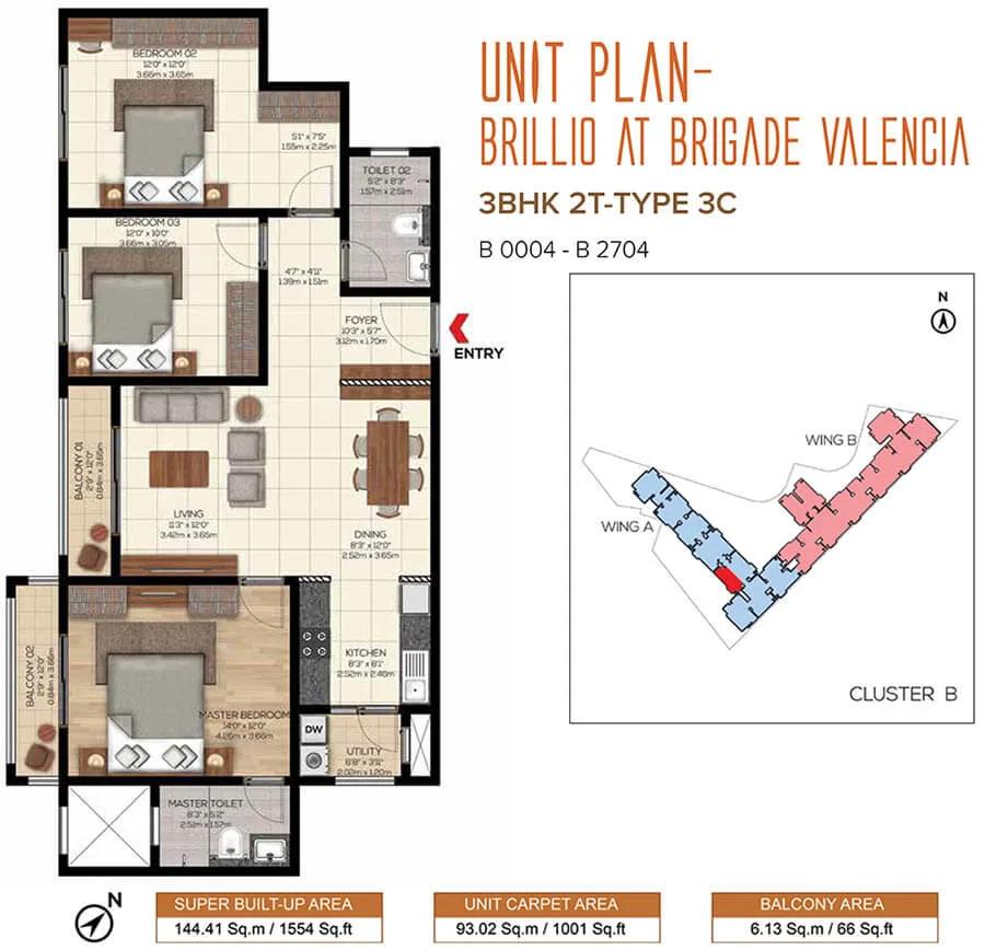 Brigade Valencia Phase 2 Brillio 3 BHK floor plan, about 1,554 sq ft