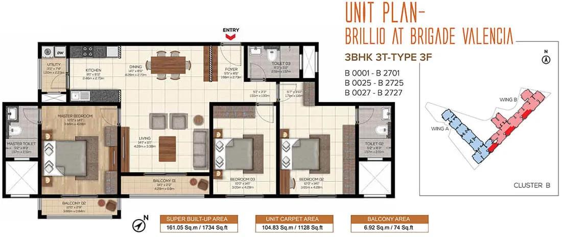 Brigade Valencia Phase 2 Brillio 3 BHK floor plan, about 1,734 sq ft