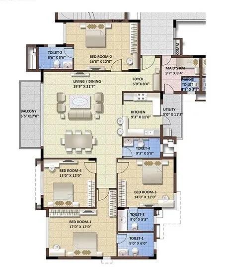Purva Whitehall 4 BHK floor plan, about 2,028 sq ft