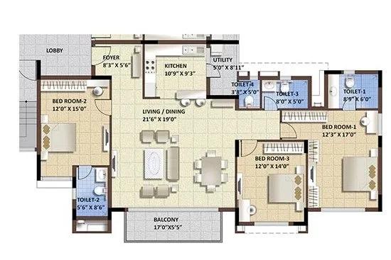Purva Whitehall 3 BHK floor plan, about 2,018 sq ft