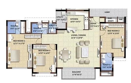 Purva Whitehall 3 BHK floor plan, about 1,973 sq ft
