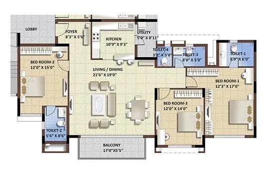Purva Whitehall 3 BHK floor plan, about 1,679 sq ft