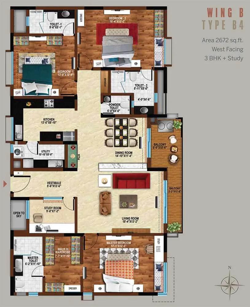 Koncept Ambience Downtown 3 BHK floor plan, about 2,672 sq ft