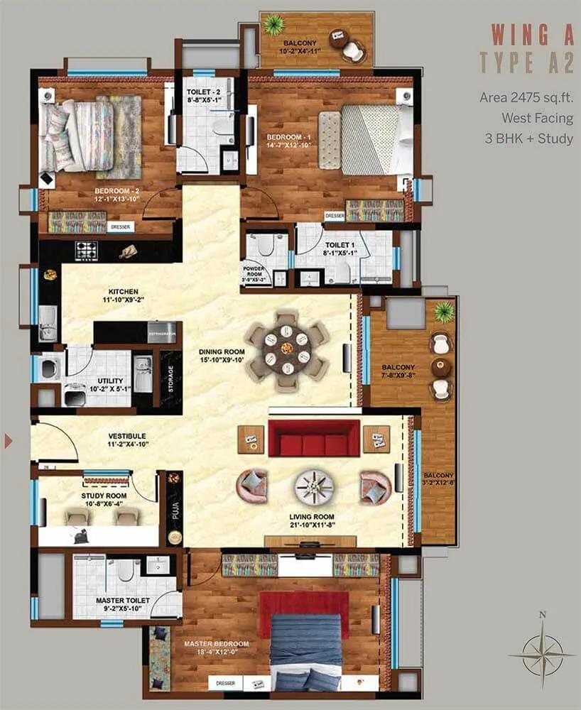 Koncept Ambience Downtown 3 BHK floor plan, about 2,475 sq ft