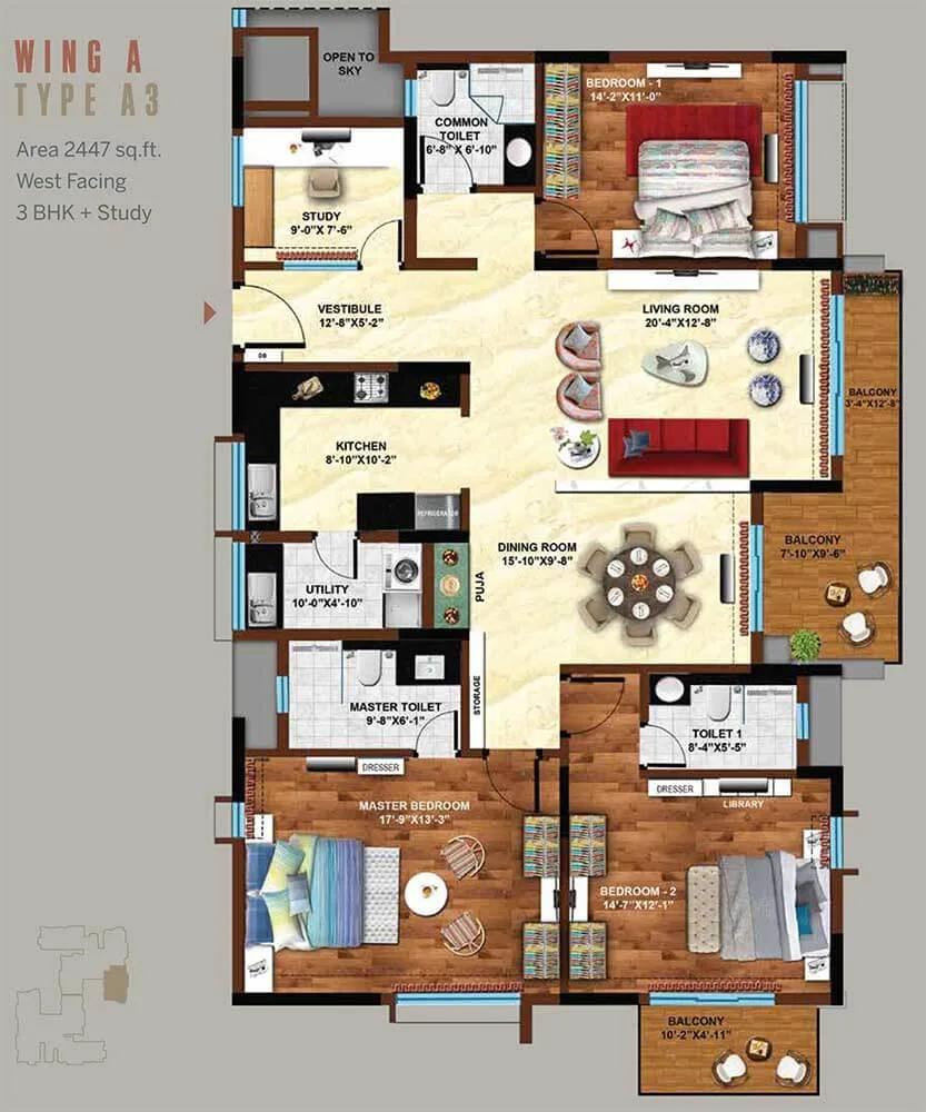 Koncept Ambience Downtown 3 BHK floor plan, about 2,447 sq ft