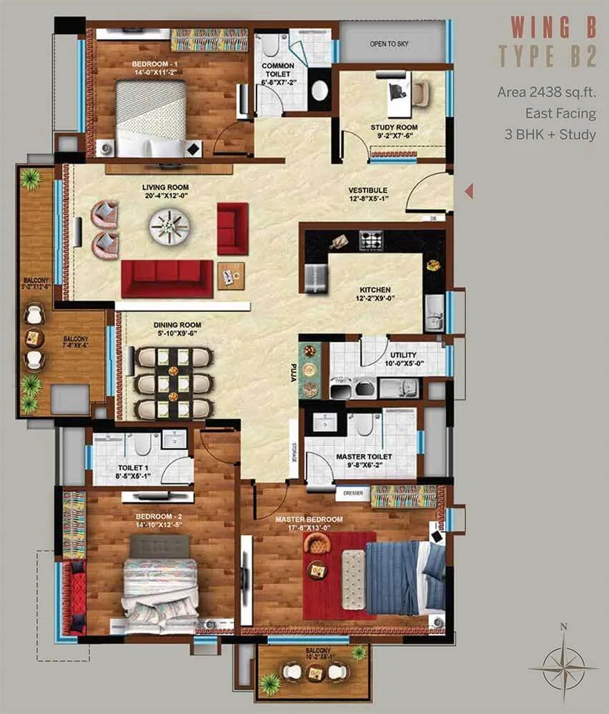 Koncept Ambience Downtown 3 BHK floor plan, about 2,438 sq ft