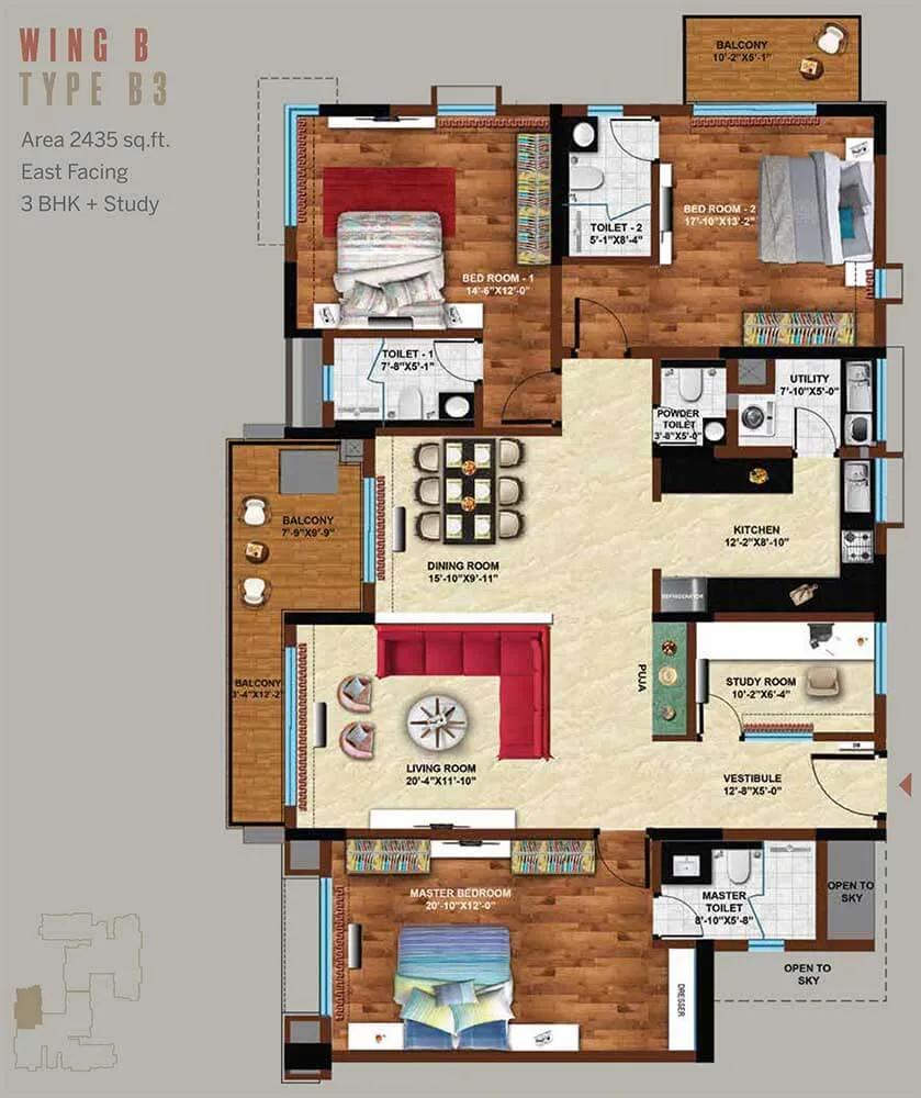 Koncept Ambience Downtown 3 BHK floor plan, about 2,435 sq ft
