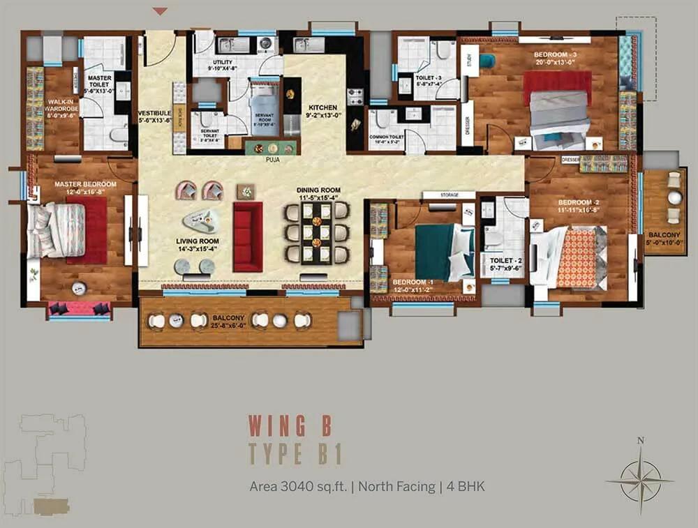 Koncept Ambience Downtown 4 BHK floor plan, about 3,040 sq ft