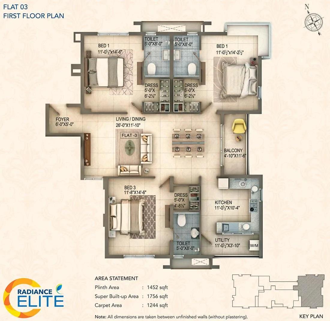 Radiance Elite 3 BHK floor plan, about 1,756 sq ft