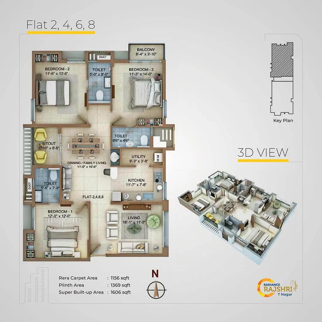 Radiance Rajshri 3 BHK floor plan, about 1,606 sq ft