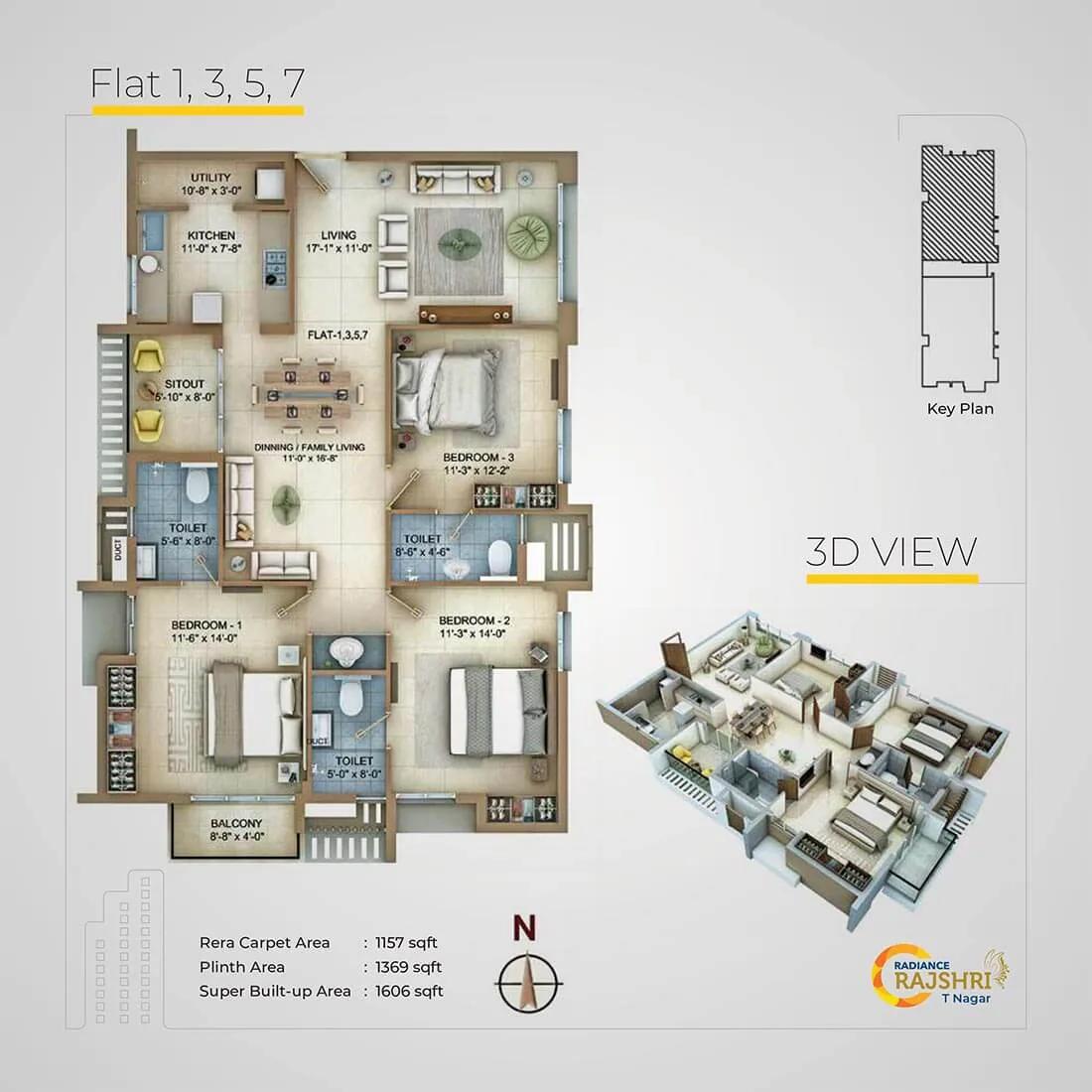 Radiance Rajshri 3 BHK floor plan, about 1,606 sq ft