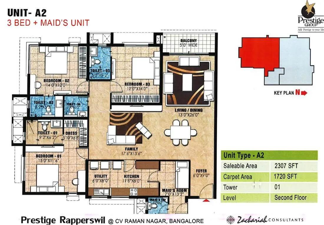Prestige Rapperswil 3 BHK floor plan, about 2,307 sq ft