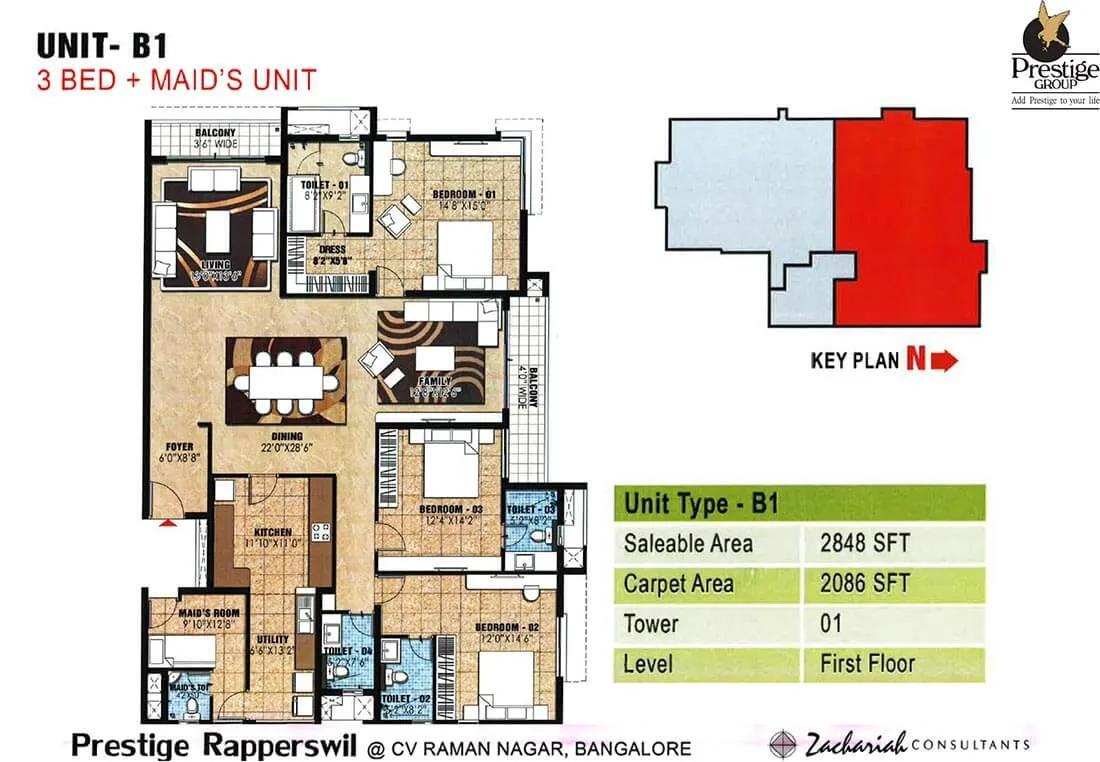 Prestige Rapperswil 3 BHK floor plan, about 2,848 sq ft