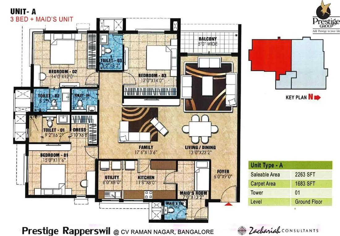 Prestige Rapperswil 3 BHK floor plan, about 2,263 sq ft