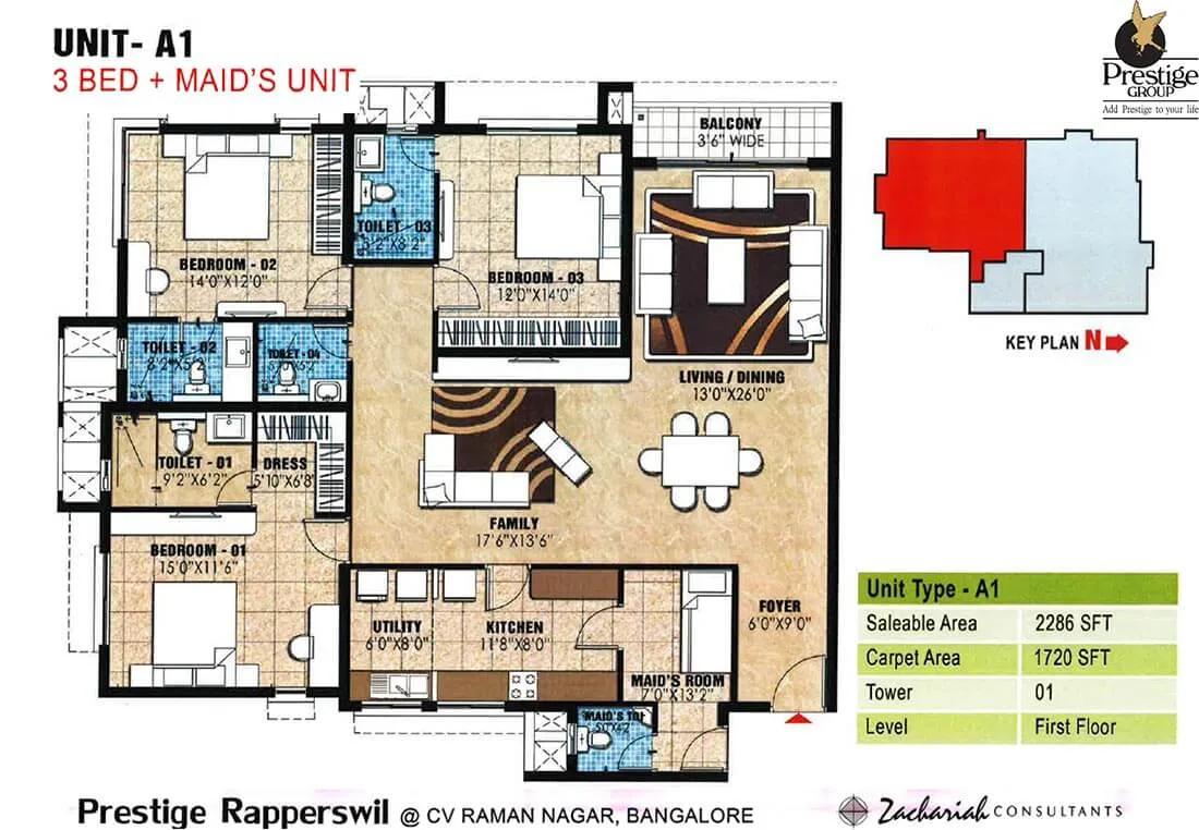 Prestige Rapperswil 3 BHK floor plan, about 2,286 sq ft