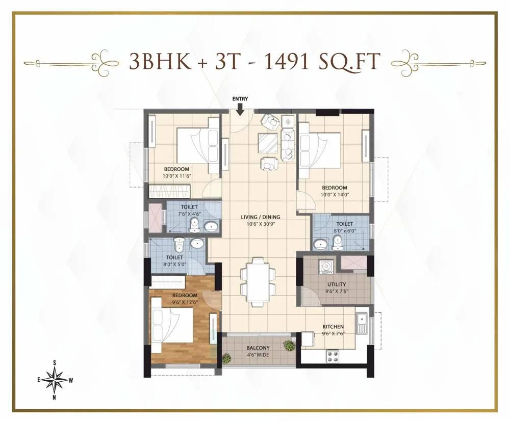 RWD Grand Corridor 3 BHK floor plan