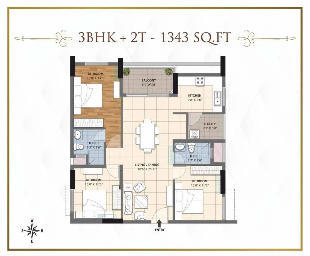 RWD Grand Corridor 3 BHK floor plan