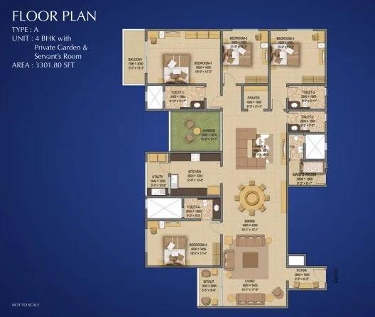 Sobha Indraprastha 4 BHK floor plan, about 3,301 sq ft